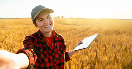 Wall Mural - Woman farmer with digital tablet makes selfie on the background of a wheat field.