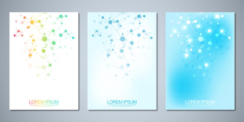 Wall Mural - Templates brochure or cover book, page layout, flyer design with abstract background of molecular structures and DNA strand. Concept and idea for innovation technology, medical research, science.