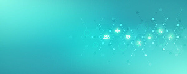 Wall Mural - Abstract medical background with flat icons and symbols. Template design with concept and idea for healthcare technology, innovation medicine, health, science and research.