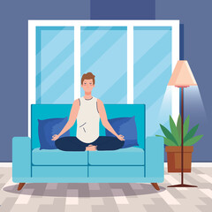 Wall Mural - stay home, be safe, man meditating in the living room, sitting in couch, during coronavirus covid 19, stay at home quarantine, be careful vector illustration design