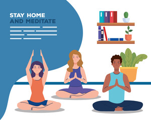 Poster - banner of stay home, be safe, people meditating, during coronavirus covid 19, stay at home quarantine, be careful vector illustration design