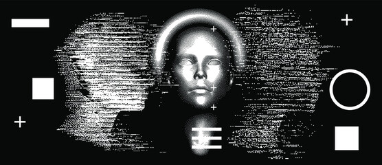 Poster - Silhouette of a human made in pixel art style. Conceptual image of AI (artificial intelligence), VR (virtual reality), Deep Learning  and Face recognition systems.