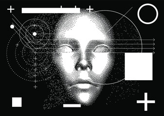Poster - Silhouette of a human made in pixel art style. Conceptual image of AI (artificial intelligence), VR (virtual reality), Deep Learning  and Face recognition systems.