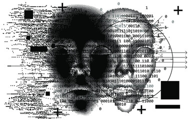 Aufkleber - Abstract technology background with binary code and 3d face mask. Conceptual illustration of Artificial intelligence.