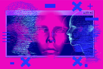 Poster - Abstract technology background with 3D face mask and user interface elements in pixel art style. Conceptual illustration of Artificial intelligence.