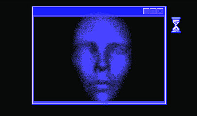 Poster - Abstract technology background with 3D face mask and user interface elements in pixel art style. Conceptual illustration of Artificial intelligence.