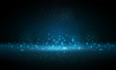 Poster - Luxury blue gold glitter particles on black background. Blue glowing lights magic effects. Glow sparkles, vector illustration.