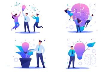 Poster - Set Flat 2D concepts to create new ideas, startup. Brainstorm business ideas. For Concept for web design