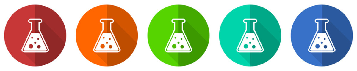 Poster - Science, laboratory, chemistry icon set, red, blue, green and orange flat design web buttons isolated on white background, vector illustration