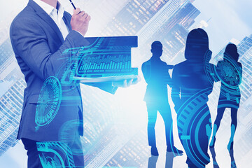 Poster - Business people in city, HUD interface