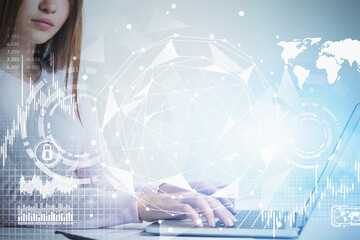 Poster - Woman typing on laptop, global infographics
