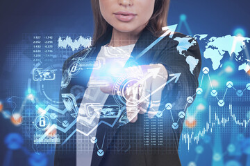 Poster - Woman working with global infographics interface
