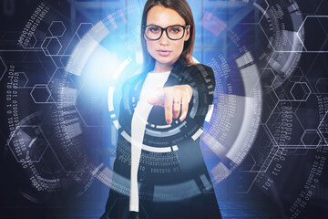 Poster - Woman in glasses using HUD business interface