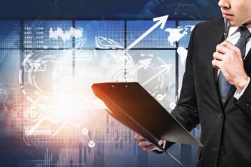 Poster - Man with clipboard in office, global infographics