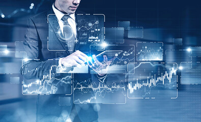 Poster - Man with tablet in office, HUD infographics