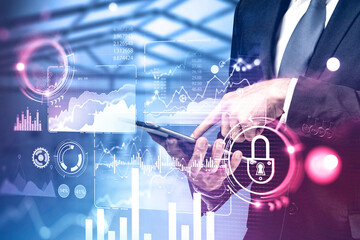 Poster - Man using tablet, business infographics interface