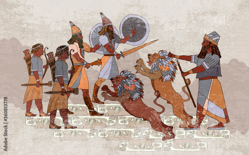 Sumerian civilization banner. King, lion and warrior. Akkadian Empire. Hunting scene. Middle East history. Ancient culture art. Mesopotamia. Gilgamesh legends - obrazy, fototapety, plakaty 