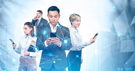 Poster - Diverse business team with phones, network