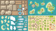 Vector set. Summer vacation. Tropical islands. (top view) Bungalows, Islands, yachts, palm trees, furniture, rocks, flowers. (view from above)