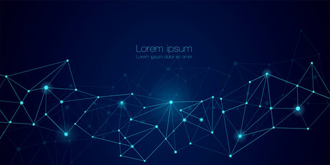 Abstract technology Network nodes Vector background. Connection science and futuristic technology, digital data tech structure, connected points on polygon grid on dark blue