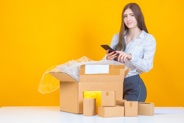 Poster - Online store. Orders via the Internet. Purchases with home delivery. Online shopping. A girl with a smartphone next to the boxes. A customer of an online store on an orange background.