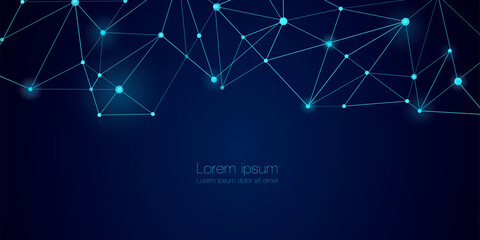Abstract technology Network nodes Vector background. Connection science and futuristic technology, digital data tech structure, connected points on polygon grid on dark blue