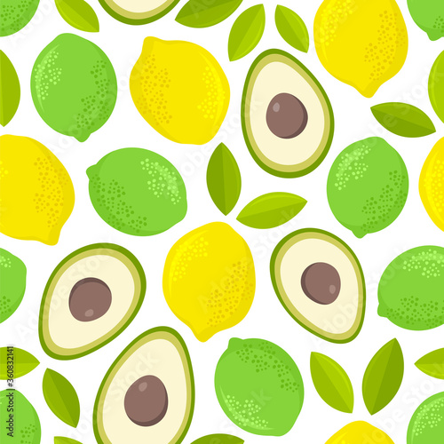 Seamless vector pattern with limes, lemons and halves of avocados Canvas Print