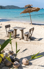 Wall Mural - Beach Umbrella and Sunbed, Koh Mak Beach, Koh Mak island, Thailand.