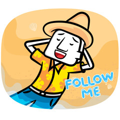 White man cartoon say follow me scene vector summer holiday background