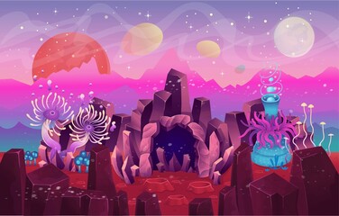 Wall Mural - Fantasy landscape with a cave magical plants and mushrooms. Illustration of space or the seabed. Background for games and mobile applications.