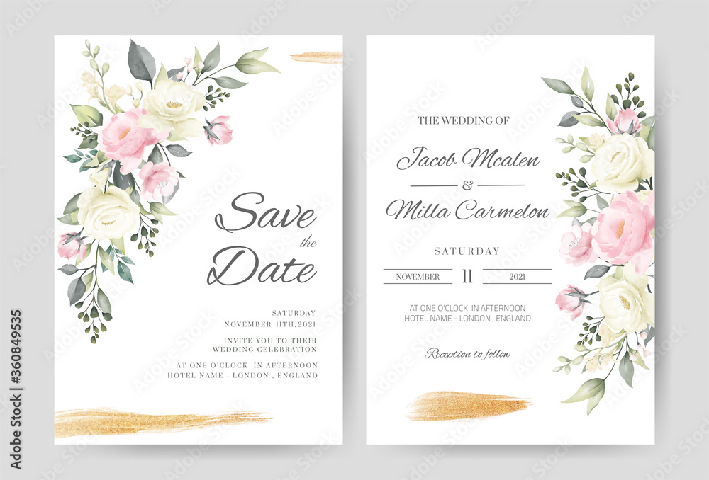 Wedding invitation card template set with watercolor pink and white ...