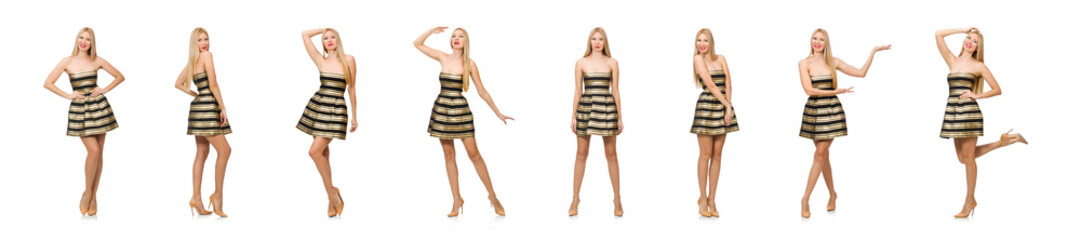 Wall Mural - Beautiful girl in gold and black dress isolated on white