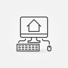 Poster - PC with House line icon. Working at Home vector outline concept symbol