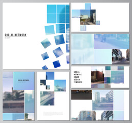 Poster - Vector layouts of modern social network mockups for cover design, website design, website backgrounds or advertising mockups. Abstract design project in geometric style with blue squares.