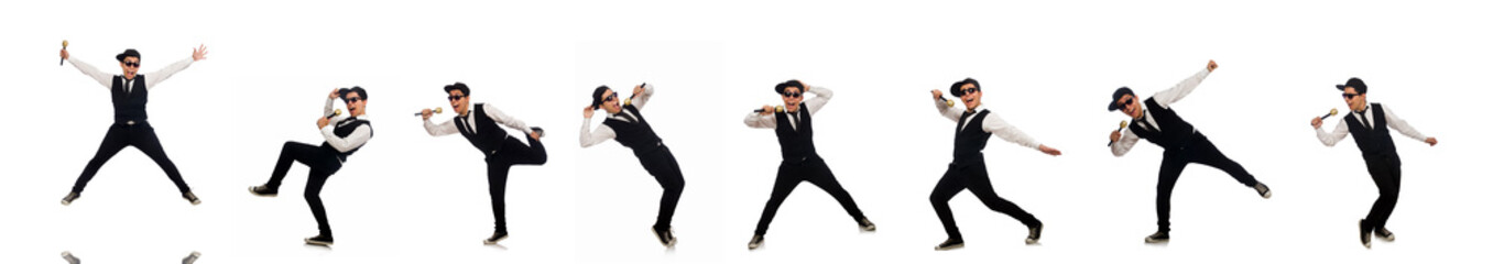 Wall Mural - Funny man in karaoke club isolated on white