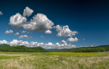 Summer landscape with green meadows and hills, and a blue sky with clouds