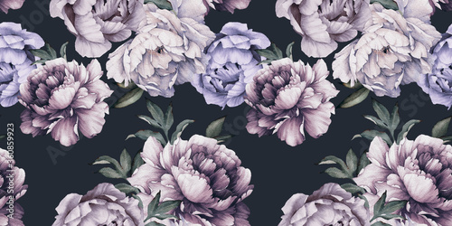 Naklejka - mata magnetyczna na lodówkę Seamless floral pattern with peony flowers on summer background, watercolor. Botanical art