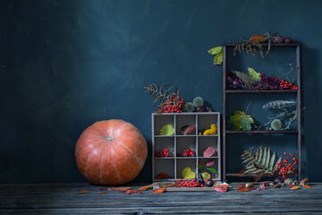 Poster - autumn background with leaves, pumpkin and berries