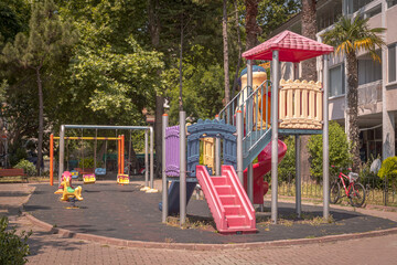 Playground without kids. Empty play area.