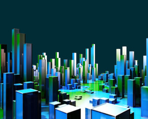 Wall Mural - 3D rendering of abstract  infographic with blue green columns. Big Data.  Business and finance analytics representation.  Futuristic geometric analyze data concept.