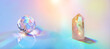 Crystals refracting light in rainbow colors. stone quartz and glass prism on holographic background. close up