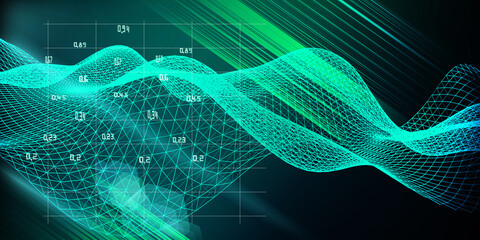 Abstract  technology visualization of wavy grid artificial intelligence.  Big data. Quantum virtual cryptography. Blockchain. Analytics algorithms data.