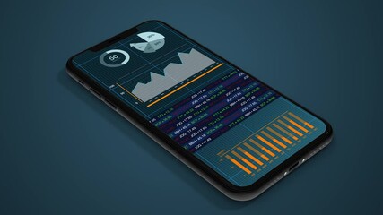 3D animation of Data charts and graphs being displayed on a smartphone. Financial stock market predictions app. 4K