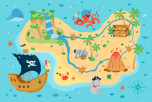Pirate Treasure Map For Children In Cartoon Style. Cute Concept For Kids Room Design, Wallpaper, Textiles, Play, Apparel. Vector Illustration