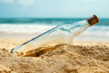 Message in a bottle on the shore of a desert island