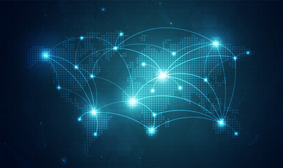 Aufkleber - global network technology background with world map or social media communication internet network c