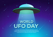 world UFO day poster, ufo flying in space illustration vector