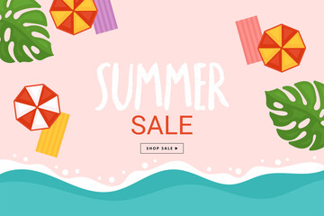 Wall Mural - Summer sale banner design with umbrella and sea beach top view background. Vector illustration