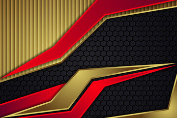 Poster - abstract geometric background with hexagon pattern and overlay vertical element design. red, gold an
