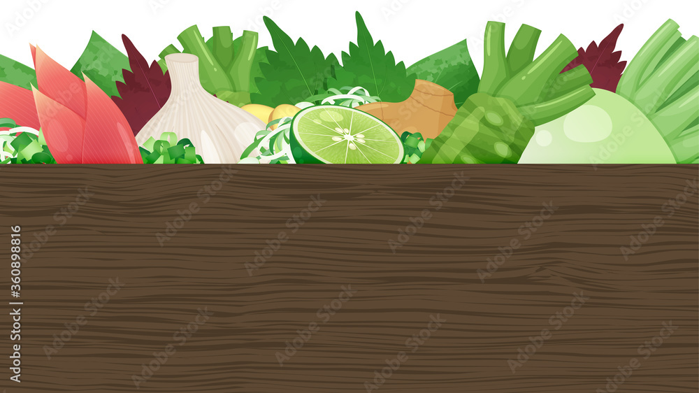 薬味の野菜と木の板の背景イラスト 茶 16 9 Wall Mural ふわぷか